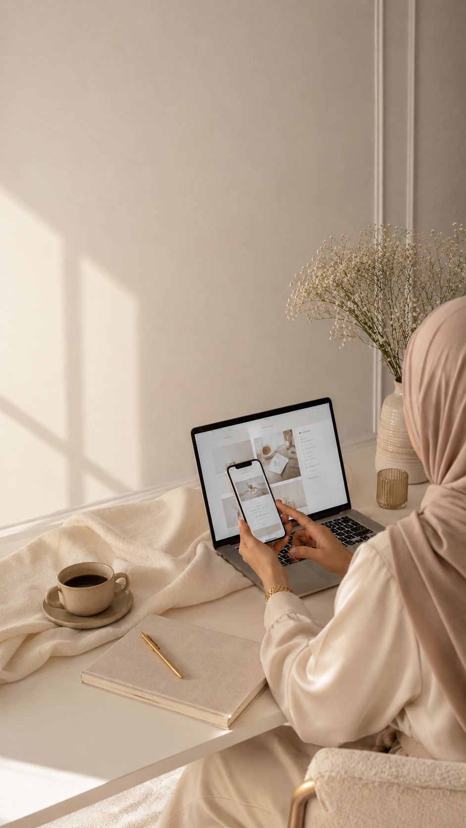 Feminine workspace with a smartphone displaying a digital guide, notebook, pen, coffee, and soft neutral fabric